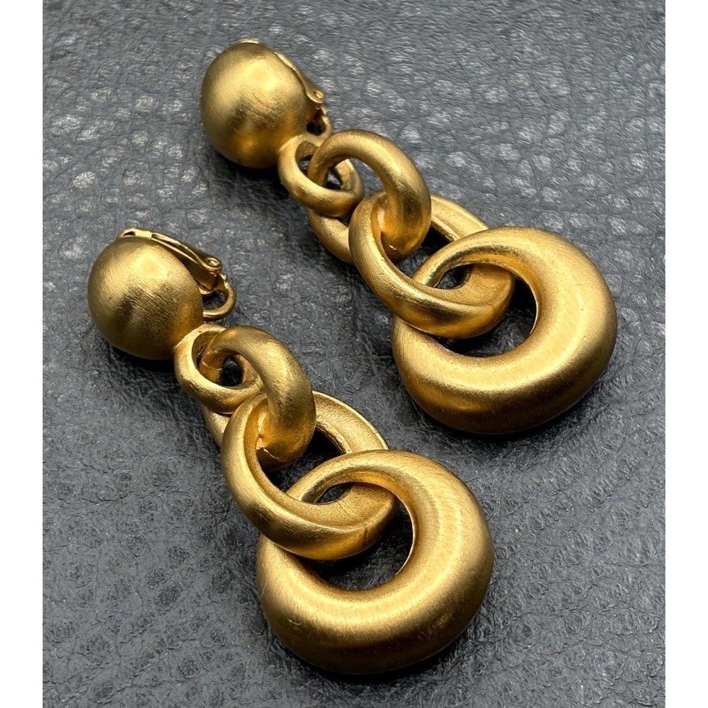 Vintage 80s Anne Klein Chunky Chain Link Drop Earrings Brushed Clip On Gold Tone